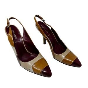 Prada Vintage Y2K Brown Leather Slingback Mule Pumps Logo Heels EU 39
